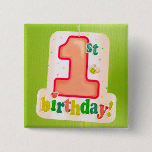 Badge Carré 5 Cm Balise orange 1er anniversaire sur la porte verte