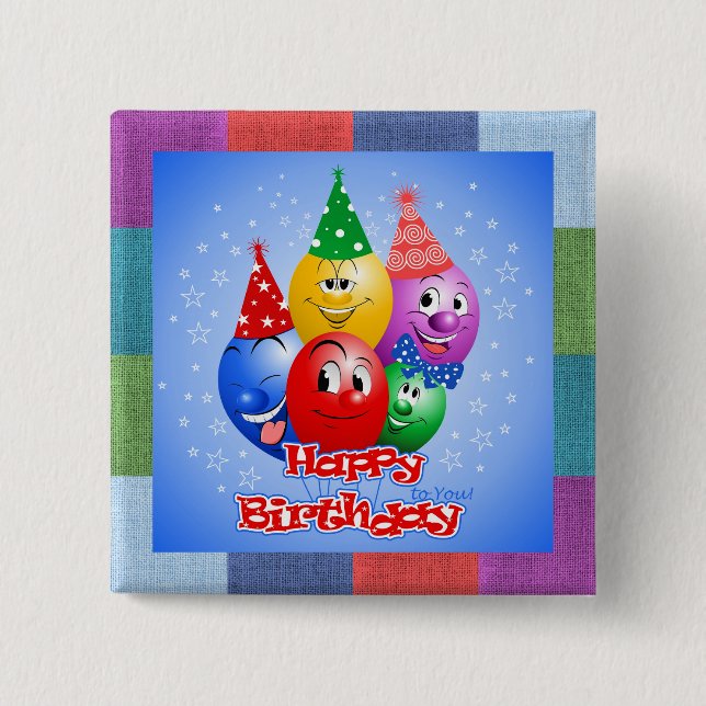 Badge Carré 5 Cm Ballons d'anniversaire joyeux (Devant)