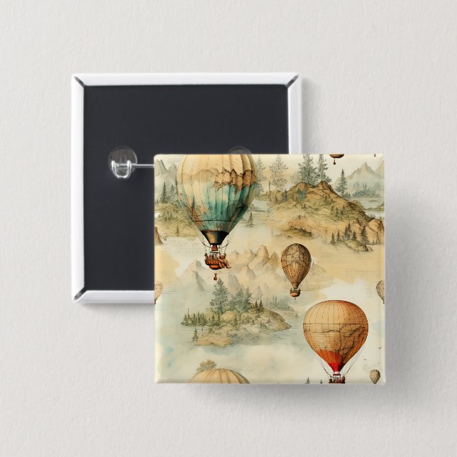 Badge Carré 5 Cm Balloon vintage à air chaud dans un paysage serein (Devant & derrière)