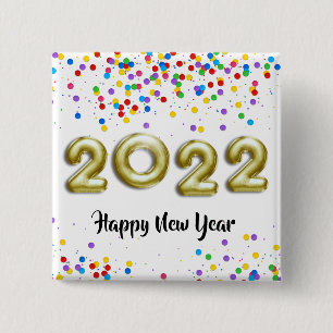 Badge Carré 5 Cm Balloons Nouvel An 2022 Colorés Confettis Or