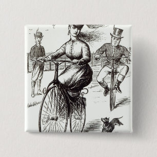 Badge Carré 5 Cm Bande dessinée de Madame sur un vélo sur rail,