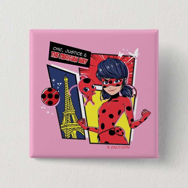 Badge Carré 5 Cm Bande dessinée Miraculaire Ladybug Parisienne (Devant)