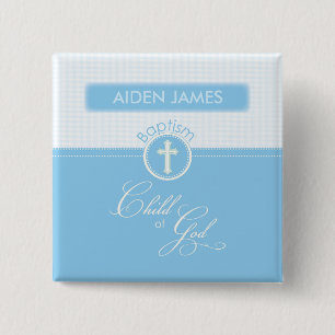 Badge Carré 5 Cm Baptême, Nom de Coutume,  Enfant Bleu de Dieu