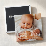 Badge Carré 5 Cm Baptism Simple Modern Heart Baby Photo<br><div class="desc">This simple and modern design is composed of serif typography and add a custom photo,  add baby's name and month and year of baptism</div>