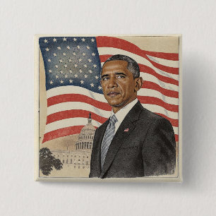 Badge Carré 5 Cm Barack Obama devant le drapeau américain et le Cap