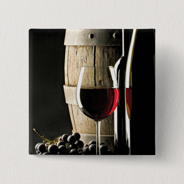 Badge Carré 5 Cm Baril de vin, raisins et verre (Devant)