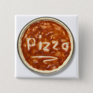 Badge Carré 5 Cm Base de pizza avec la sauce tomate et le mot