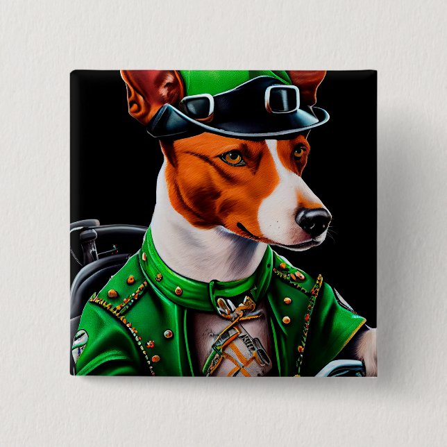 Badge Carré 5 Cm Basenji Chien conduisant vélo St. Patrick's Day (Devant)