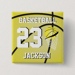 Badge Carré 5 Cm Basket-ball jaune et blanc Personnaliser