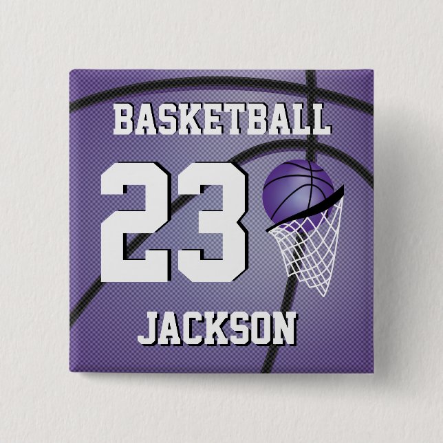 Badge Carré 5 Cm Basketball violet blanc | Personnaliser (Devant)