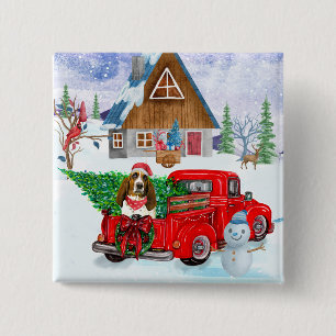 Badge Carré 5 Cm Basset Hound dog In Christmas Delivery Truck Snow