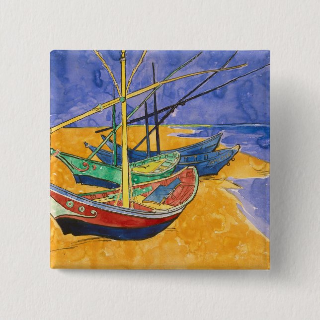 Badge Carré 5 Cm Bateaux de pêche de Vincent van Gogh | sur la (Devant)