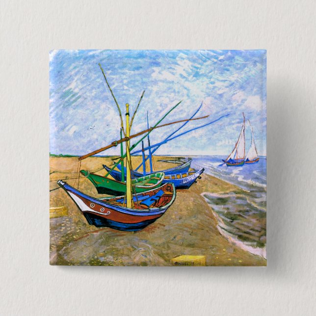 Badge Carré 5 Cm Bateaux De Pêche Plage Saintes-Maries Van Gogh Fin (Devant)