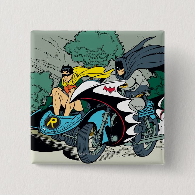 Badge Carré 5 Cm Batman Et Robin En Batcycle (Devant)
