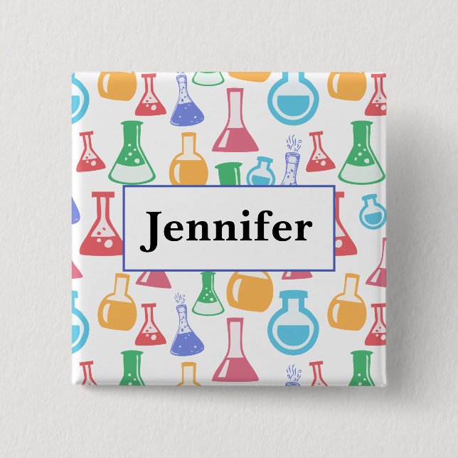Badge Carré 5 Cm Beakers et flacons Fun Science Motif avec un nom (Devant)