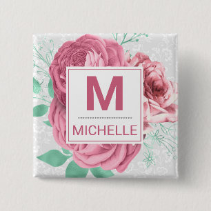 Badge Carré 5 Cm Beau Monogramme de Roses de Jardin Roses