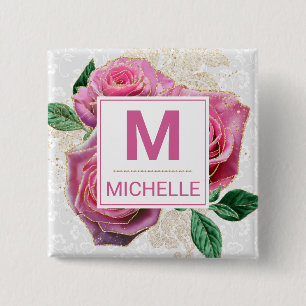 Badge Carré 5 Cm Beau Monogramme de Roses Glamour Rose et Or