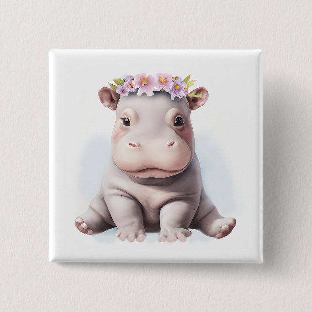Badge Carré 5 Cm Bébé adorable Hippopotamus (Devant)