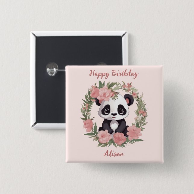 Badge Carré 5 Cm Bébé adorable Panda Ours avec fleurs (Devant & derrière)