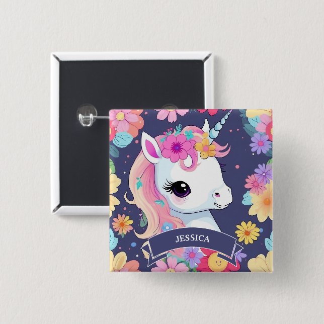 Badge Carré 5 Cm Bébé blanc adorable licorne avec fleurs (Devant & derrière)