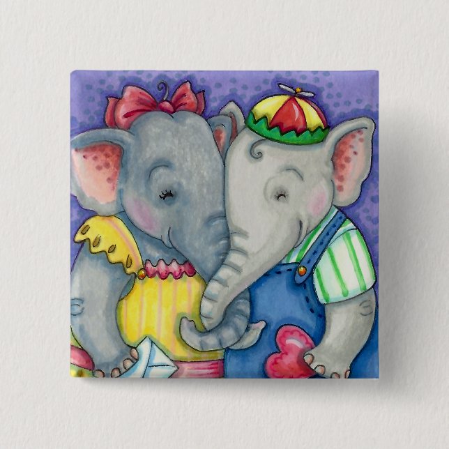 BADGE CARRÉ 5 CM BÉBÉ ÉLÉPHANTS PREMIER AMOUR, PACHYDERME MILIEUX (Devant)