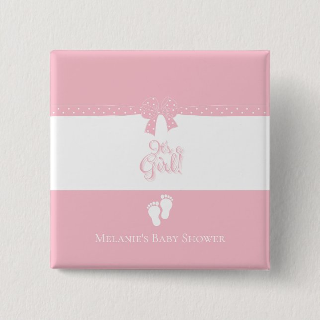 Badge Carré 5 Cm Bébé Fille Rose Bows & Little Feet Custom (Devant)