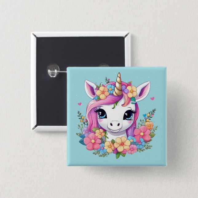 Badge Carré 5 Cm Bébé magique licorne avec fleurs (Devant & derrière)