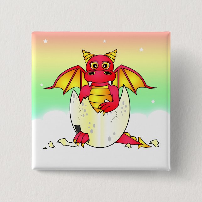 Badge Carré 5 Cm Bébé mignon de dragon en oeuf criqué - rouge/jaune (Devant)