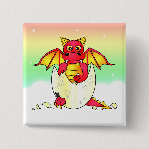 Badge Carré 5 Cm Bébé mignon de dragon en oeuf criqué - rouge/jaune