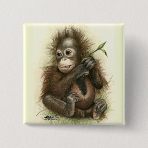 Badge Carré 5 Cm Bébé orang-outan avec des feuilles
