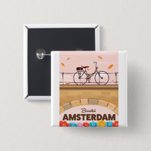 Badge Carré 5 Cm Belle affiche de voyage à vélo d'Amsterdam.