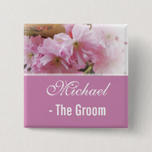Badge Carré 5 Cm Belle fleur de cerisier rose marié