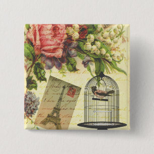 Badge Carré 5 Cm Belle girly vintage rose fleurs Tour Eiffel
