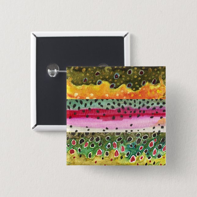 Badge Carré 5 Cm Belle peau de truite - Brook, Arc-en-ciel, Poisson (Devant & derrière)