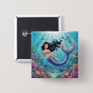 Badge Carré 5 Cm Belle sirène de dessin animé sous la mer