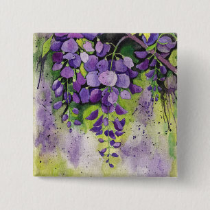 Badge Carré 5 Cm Belles Fleurs De Wisteria En Aquarelle