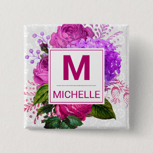 Badge Carré 5 Cm Belles fleurs roses et violettes monogramme