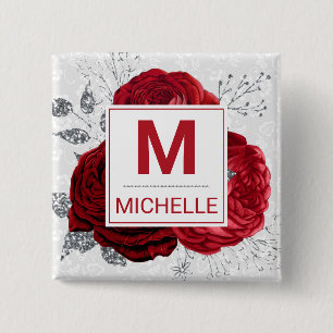 Badge Carré 5 Cm Belles fleurs rouges profondes et argentées Monogr
