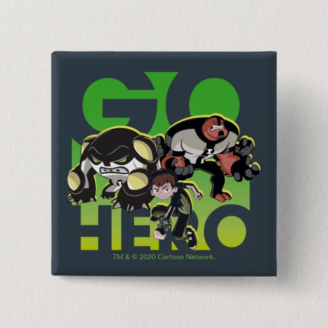 Badge Carré 5 Cm Ben Tennyson, Cannonbolt et Four Arms - Go Hero (Devant)