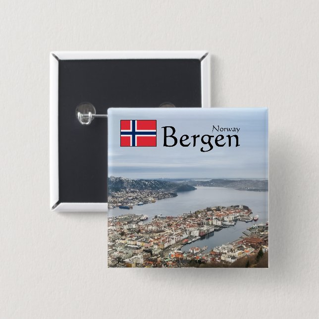 Badge Carré 5 Cm Bergen Norvège (Devant & derrière)