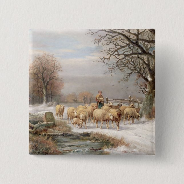 Badge Carré 5 Cm Bergère avec son troupeau dans un paysage d'hiver (Devant)