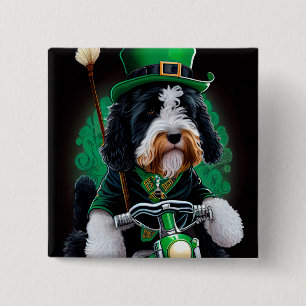 Badge Carré 5 Cm Bernedoodle Chien conduisant vélo St. Patrick's Da