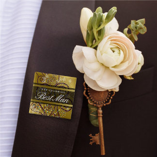 Badge Carré 5 Cm BEST MAN Boho Purple Spirals Gold Mariage Button
