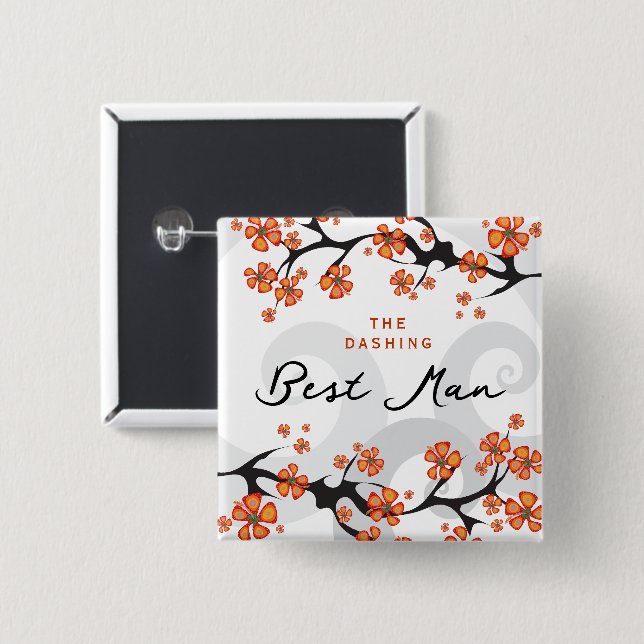 Badge Carré 5 Cm BEST MAN Hibiscus Swirls Tropical Mariage Nom Bali (Devant & derrière)