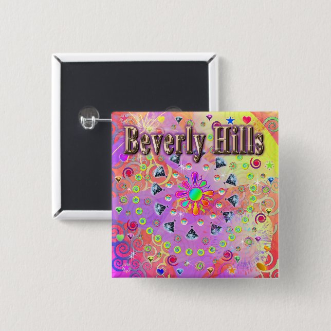Badge Carré 5 Cm Beverly Hills Lucky Golden Button (Devant & derrière)