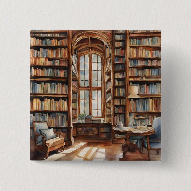 Badge Carré 5 Cm Bibliothèque d'aquarelle confortable (Devant)