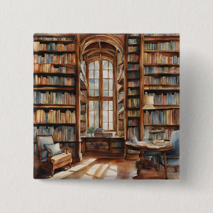 Badge Carré 5 Cm Bibliothèque d'aquarelle confortable