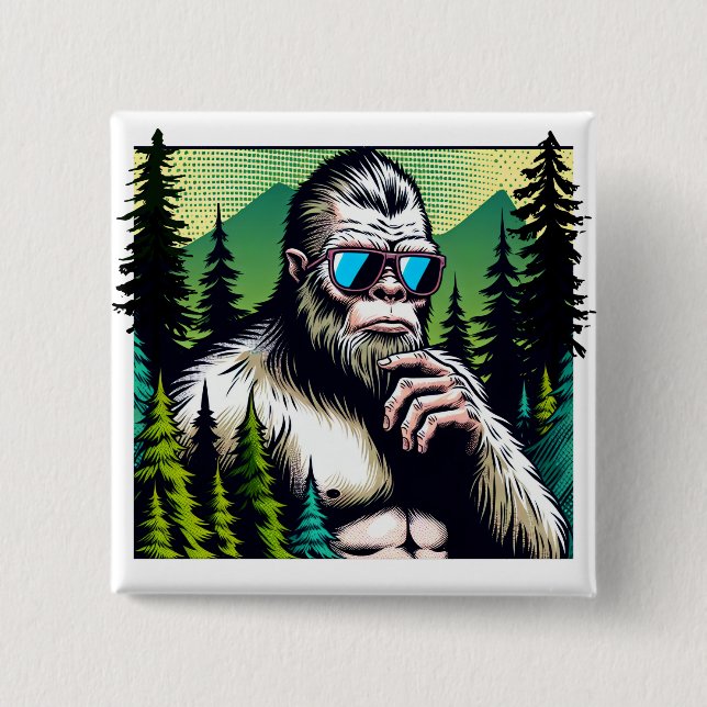Badge Carré 5 Cm Bigfoot Curieux avec des Lunettes de Soleil se Cac (Devant)