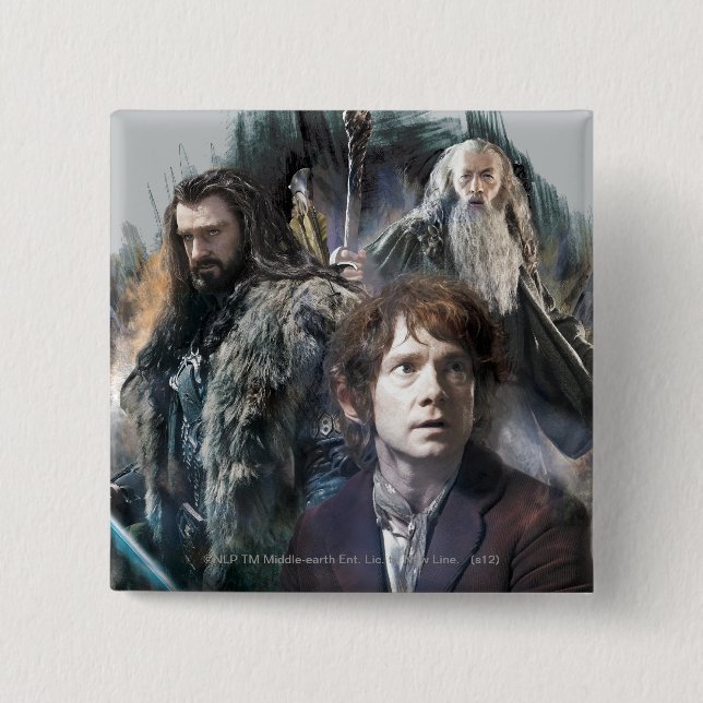 Badge Carré 5 Cm BILBO BAGGINS™, THORIN OAKENSHIELD™ & Gandalf (Devant)