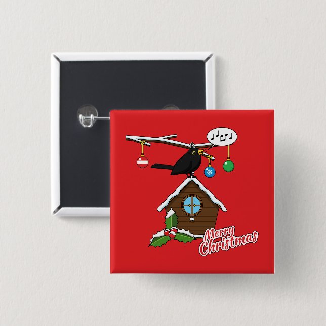 Badge Carré 5 Cm Bird House Joyeux Noël (Devant & derrière)